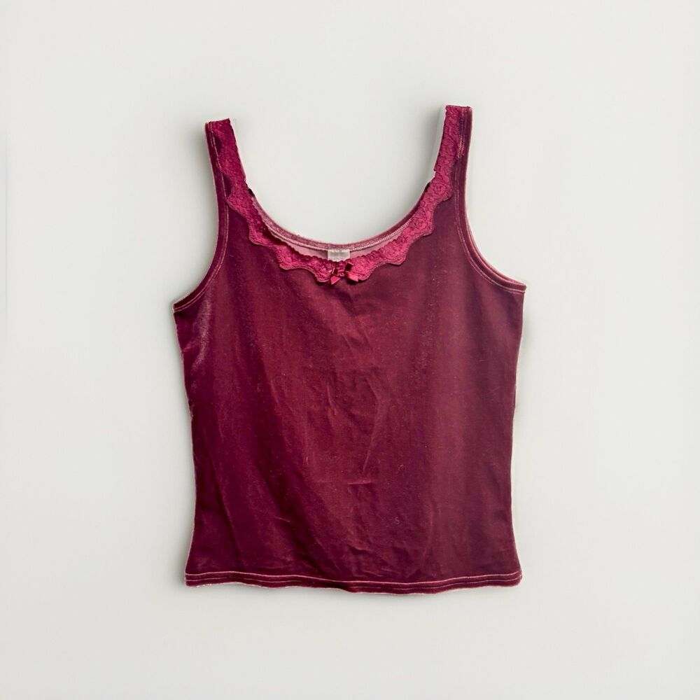 Y2K 90’s Velvet Velour Tank Top Burgundy Lace Trim Sz S Whimsy Goth Witchy